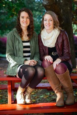 Twin sisters in opaque pantyhose and boots