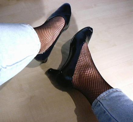 my black shoes with fishnet stockings and jeans